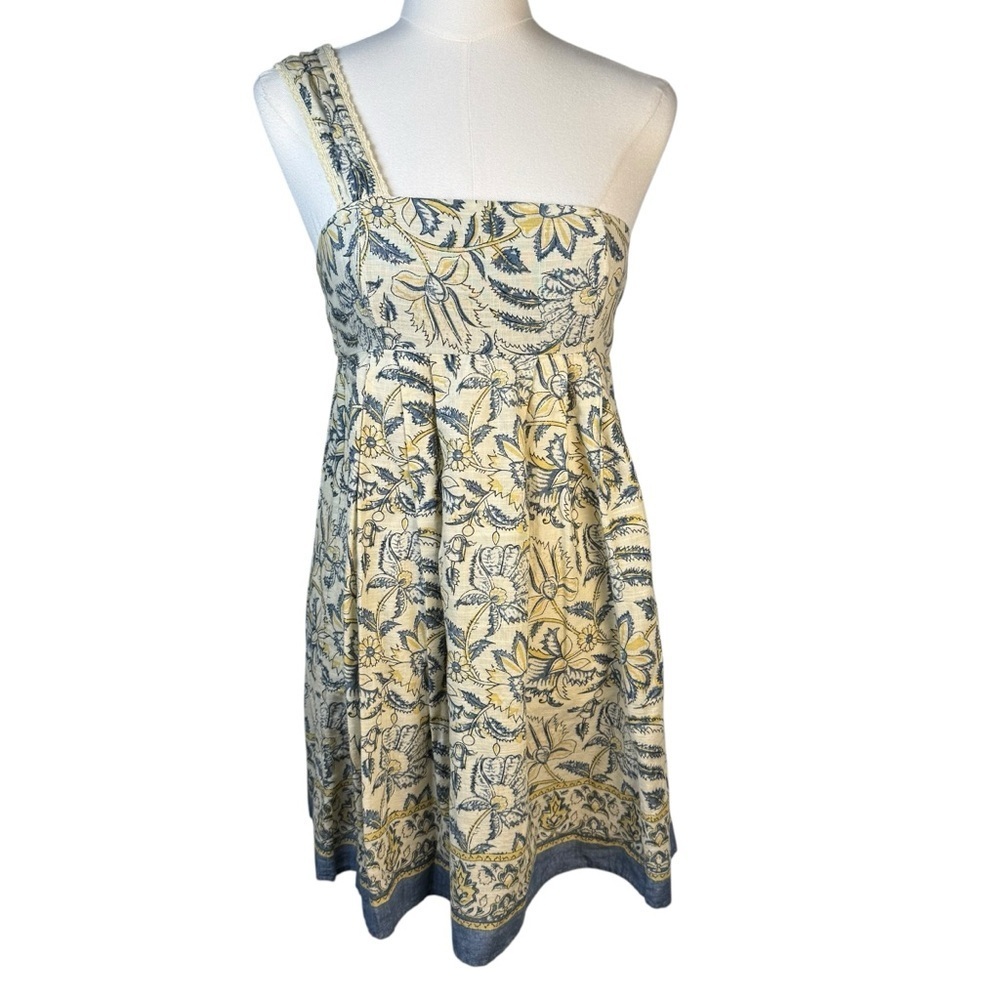 Free People One Shoulder Pleated Mini Dress 100% Soft Blue/Yellow Cotton Size 2
